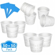 Jovitec 60 Pieces Net Cup Set, Include 30 Pieces Garden Plastic Net Cup 3 Inch Net Cups Slotted Mesh Wide Lip Planting Basket Cup Filter Plant Net Pot with 30 Pieces Plant Labels for Hydroponics