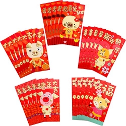 Jovitec 30 Pieces Chinese Red Envelopes Chinese New Year Hong Bao Red Money Envelope with Pig Pattern, 5 Designs, 3.5 by 6.4 inch