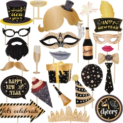 Jovitec 25 Pieces 2020 Happy New Year's Eve Party Photo Booth Props Kit, for New Years Event Party Favors and New Years Decorations Art Crafts, New Years Eve Photo Props (25 Pieces, New Year)