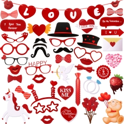 Jovitec 47 Pieces Valentines Day Photo Booth Props Kit, for Valentines Day Event Party Favors and Decorations Art Crafts, Creative Funny Glitter Disguise Props Wedding Decor (47 Pieces, Valentines Day)